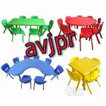 New play school furniture kids plastic half moon table with six chair
