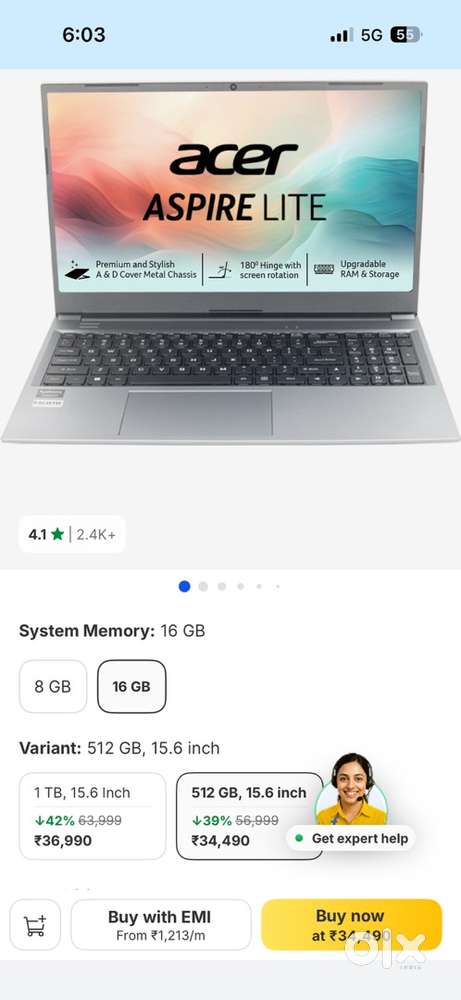 Acer Aspire Lite Ryzen 5 (16GB/512GB) – Like New, 3 Months Old