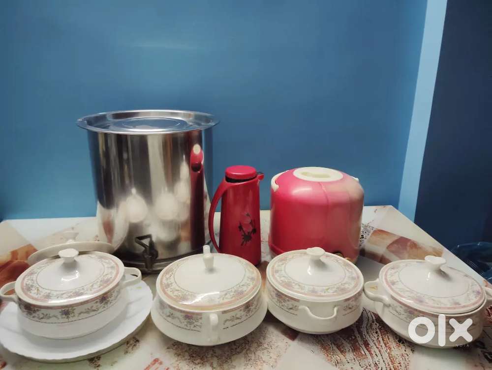 Crockery set + jug+steel drum and plastic drum