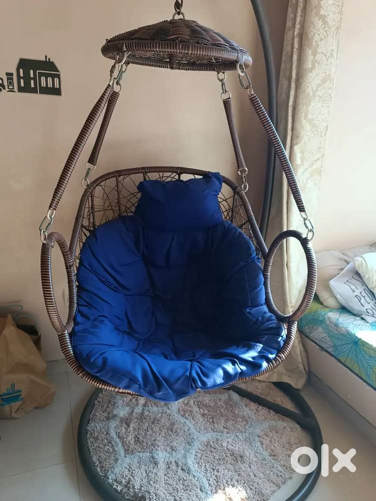 Swing with vibrant blue cushion