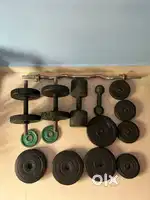 Dumbbells, weight plates and EZ curl bar