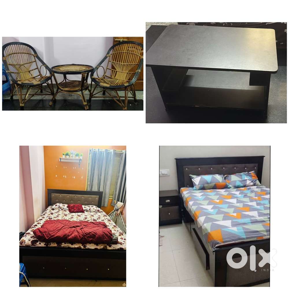 Queen size bed with storage compartment, centre table , balcony chairs