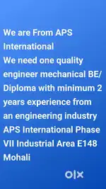 Quality engineer mechanical BE Diploma with minimum 2 years experience