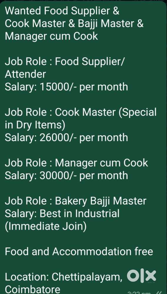 Wanted Food Supplier & Cook Master & Bajji Master & Manager cum Cook