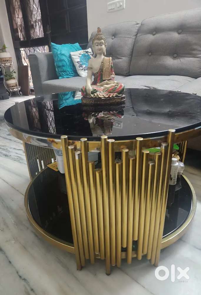 Golden Round Center Table – Black Glass Top