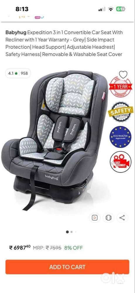 Babyhug Child car seat 1 year old hardly used excellent condition