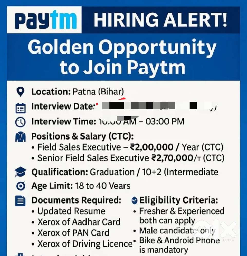 Urgent hiring in Paytm payment bank