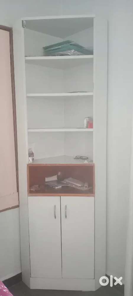 Corner wooden shelf with cabinet