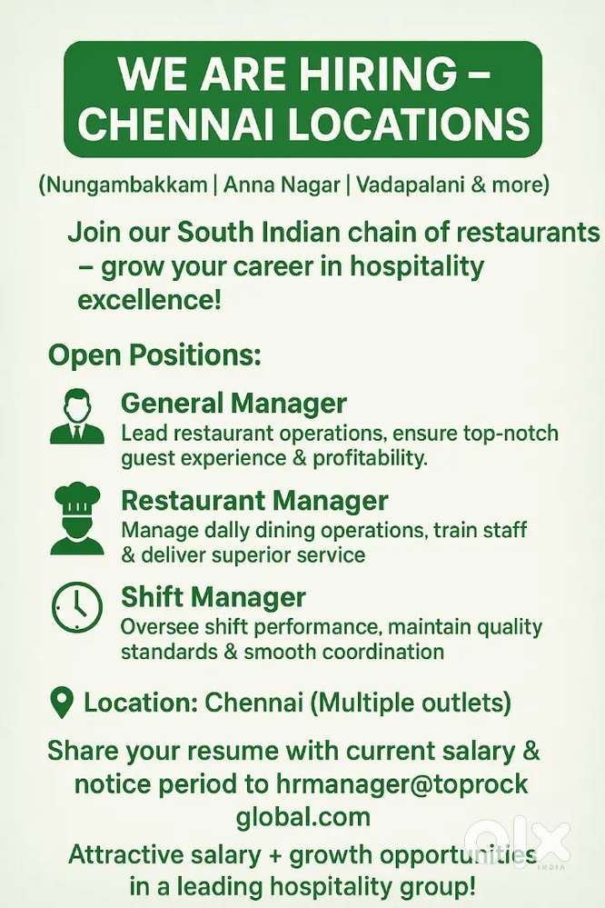 Hiring for Reputed Chain of Hotel in Chennai