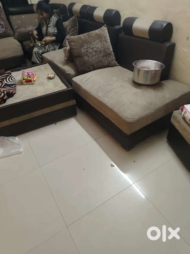 2 double bed one seven seater sofa table and 2 puff