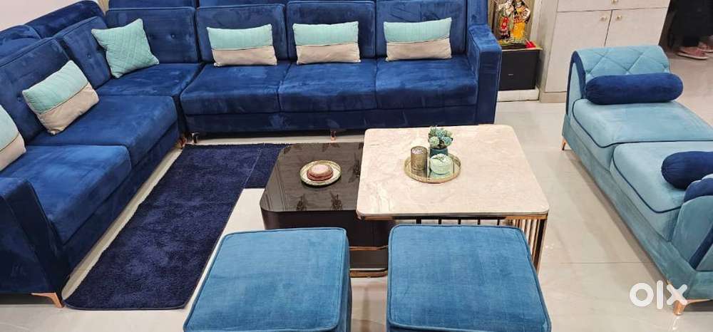 Premium L shape Royal Blue Velvet Sofa Set – Excellent Condition