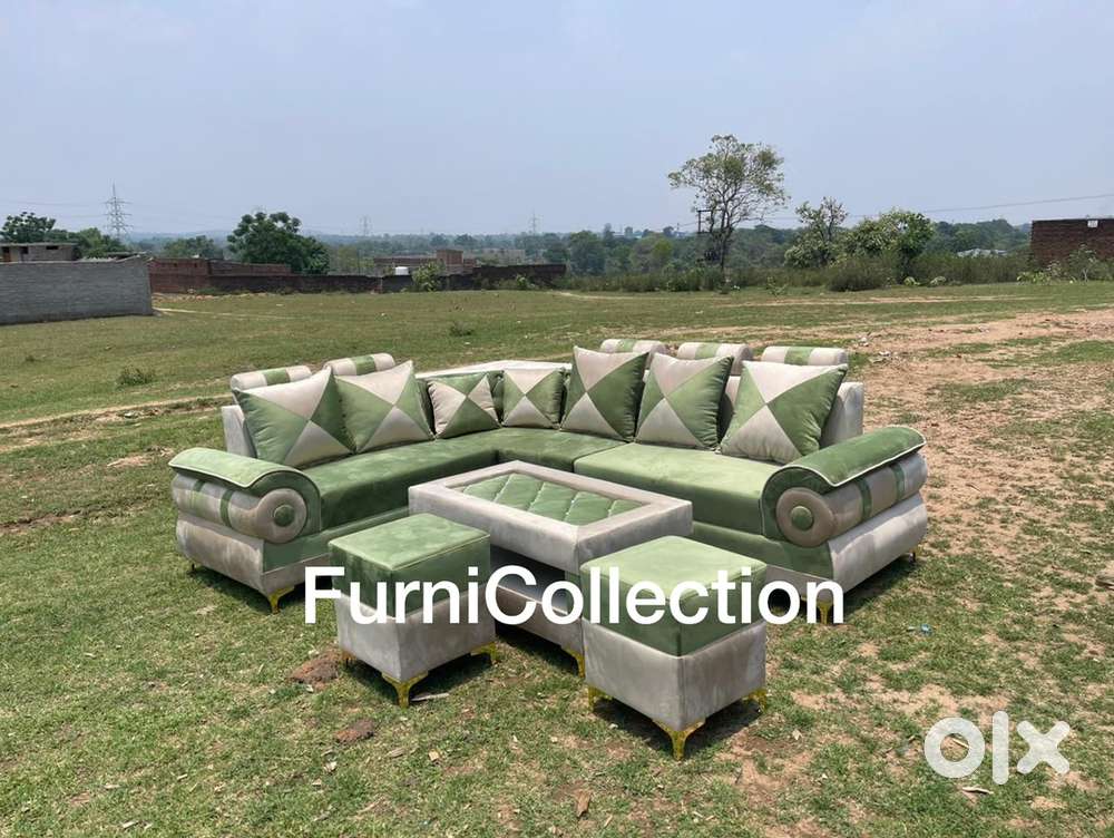 Brand new Green + Cream L Sofa With Centretable & 2 puffy at Wholesale