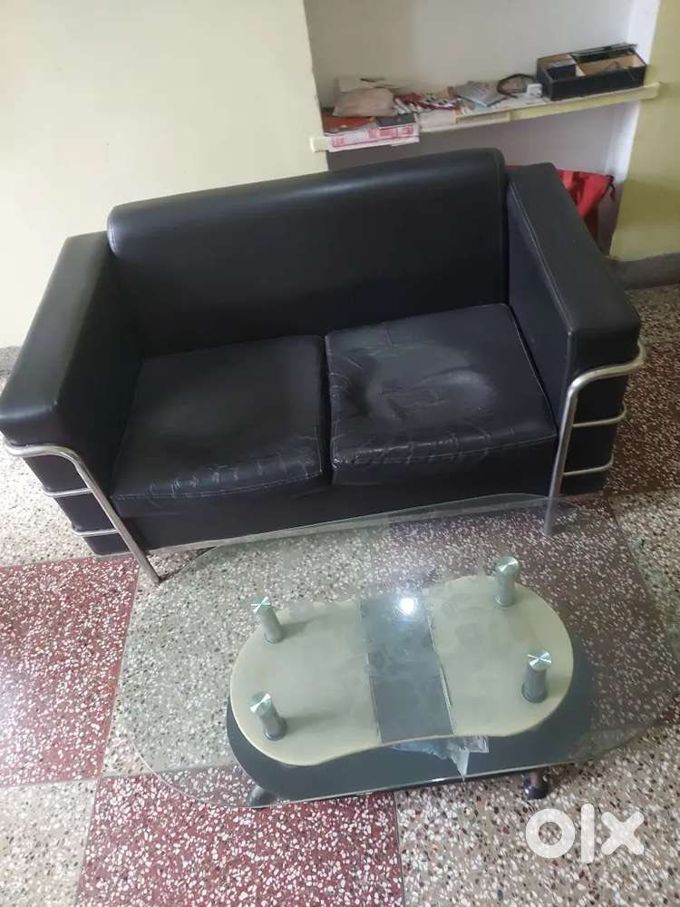 Sofa  with glass table and dinning table with 3 charis stell body