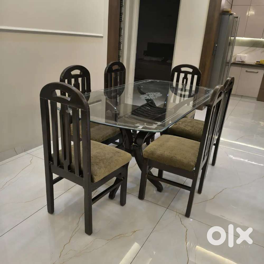6 Seater Antique Glass Top Dining Table Set