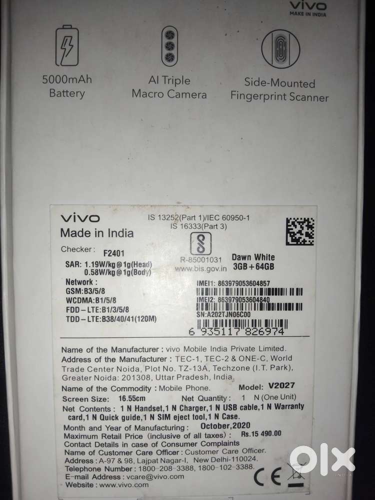 Vivo y20 4g 5000 mh betri