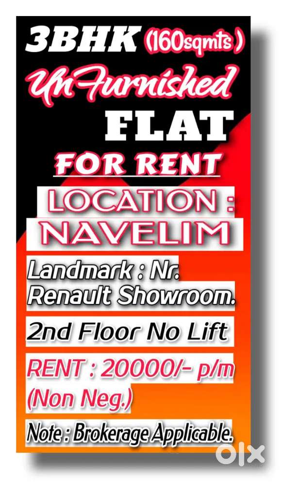 3BHK UNFURNISHED FLAT AVAILABLE FOR LONG TERM RENT IN NAVELIM.