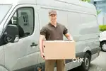 Van delivery boy with company vehicle and driver