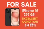 Apple iPhone 15  BLUE – 256 GB  Excellent Condition  BH 85%  With Box