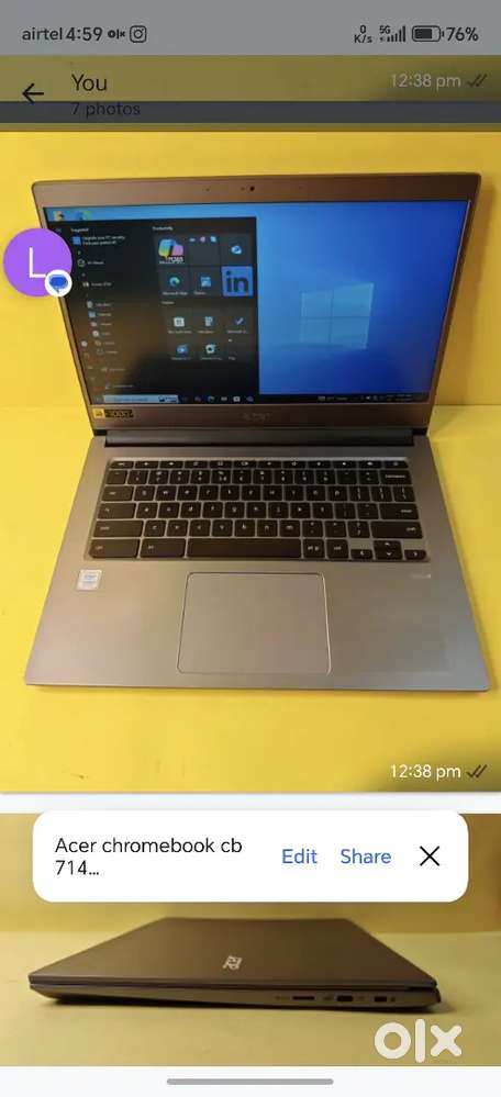 Acer chromebook cb 714
 i3 8th gen
8gb ram
64gb+ plus 256GB sd card