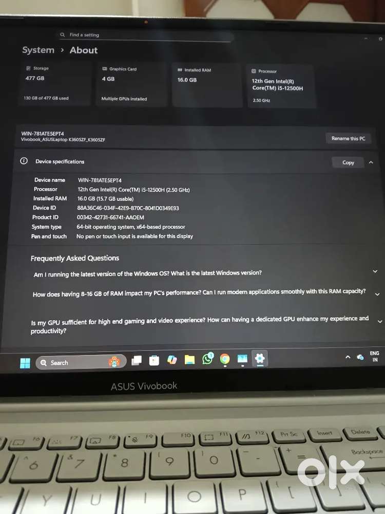 ASUS Vivobook 16X i5 12th Gen  RTX 2050  16GB  Excellent Condition