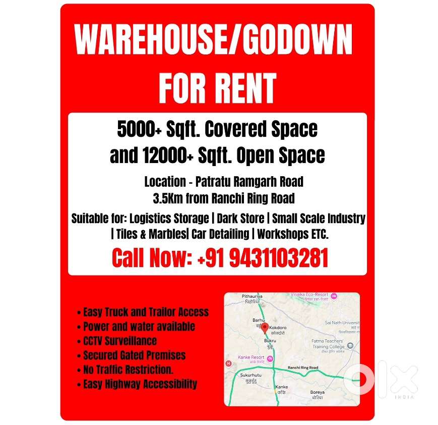Warehouse space in a premises for Rent near Ring Rd 3.5km frm Kanke