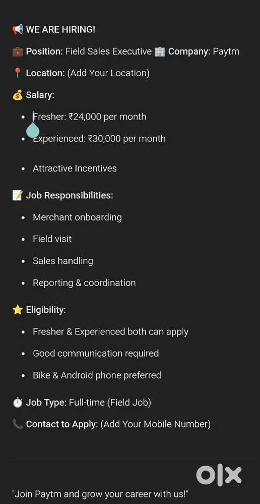 Hiring Field Sales Executive – Salary 24k to 30k