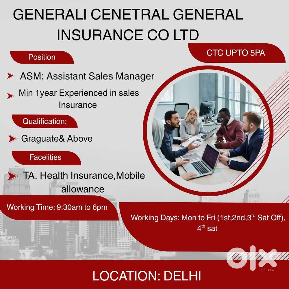 Delhi/ASM/Ctc upto 5lpa/health insurance/min 1ye xp in insurance/