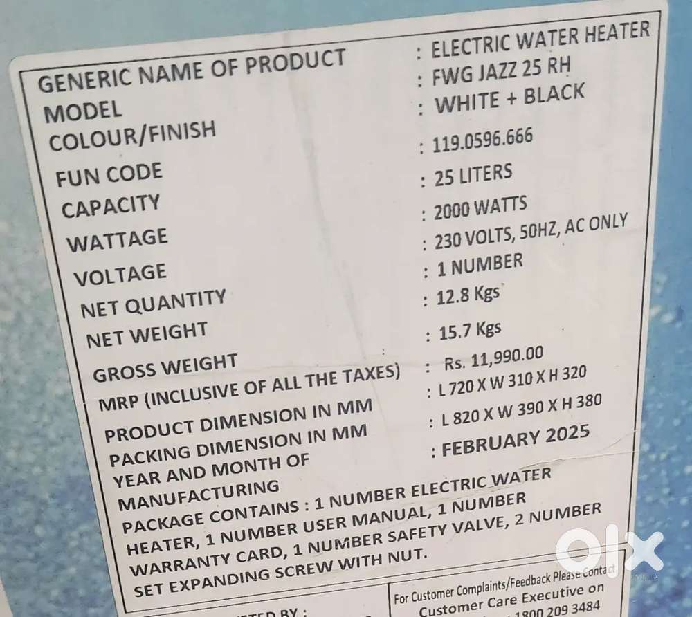 Faber horizontal geyser 25L new sealed pack