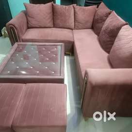 Immediate Sale: 7‑Seater L‑Shaped Suede Sofa Set + Glass‑Top Table