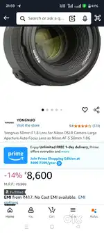 Yongnuo 50mm F1.8 Lens for Nikon DSLR Cam Lens Nikon 50mm 1.8G