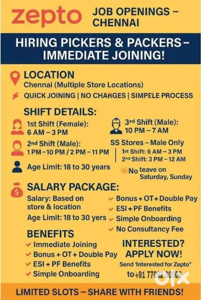 Need immediate joiners for ZEPTO hub Picker packer