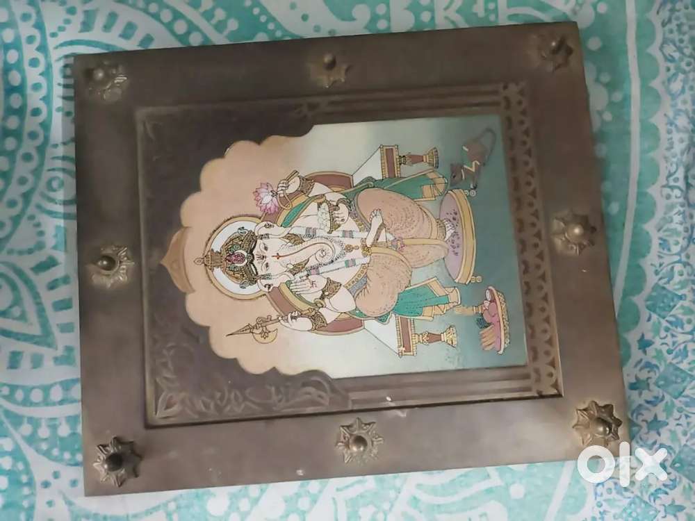 Vintage Ganesh ji photo frame - brass metal artwork for home temple