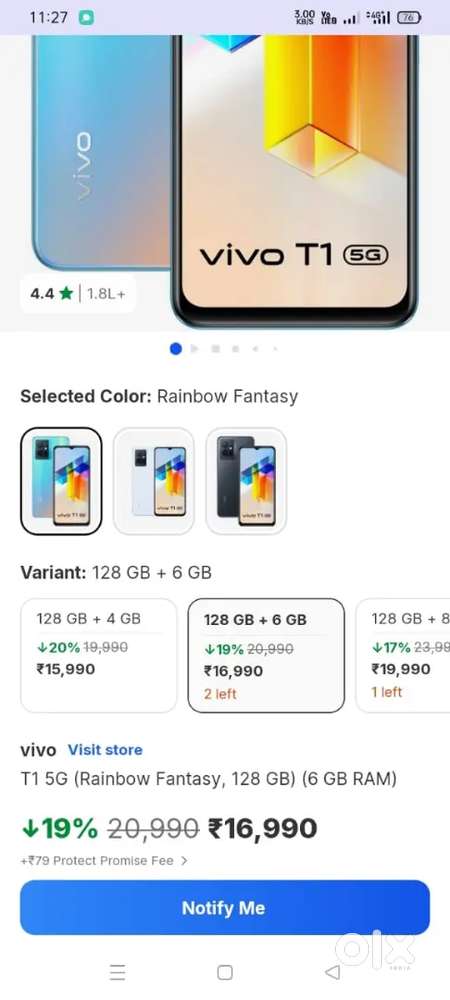 Vivo T1 5G 6+6/128gb with box , charger and cover.
