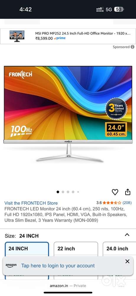 Monitor 24 inch full hd 100 hz best condition just like new