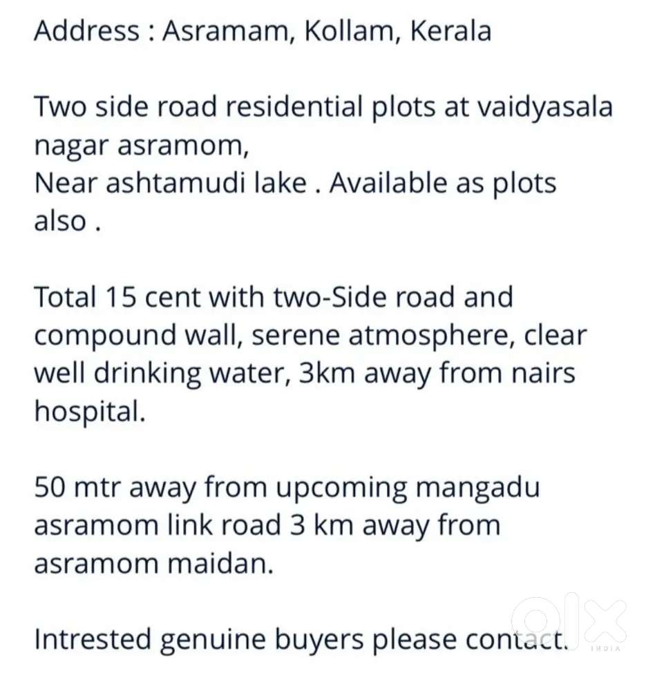 15 cent for sale at kollam near town with all access. Check photos.