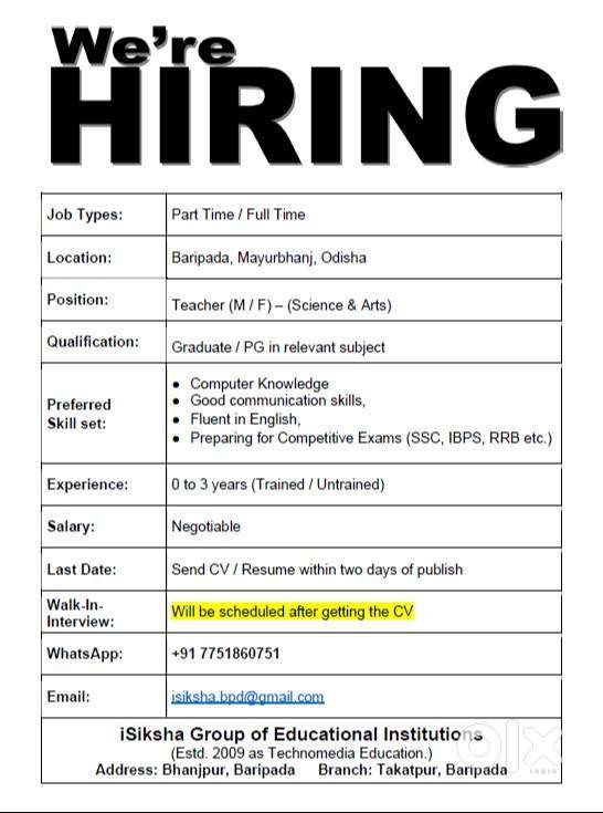 Required Teachers Urgently