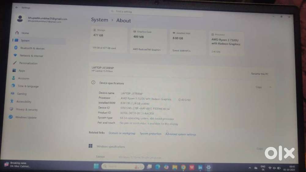 HP laptop 64-BIT OPRETING SYASTEM,X64BASED PROCESSOR ADM RAYZEN 3 7320