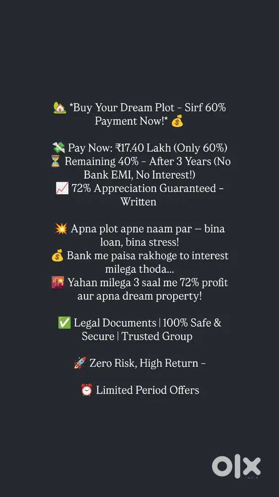 Buy Plot @60% Payment  72% Appreciation(in 3 years) 40% After 3Years