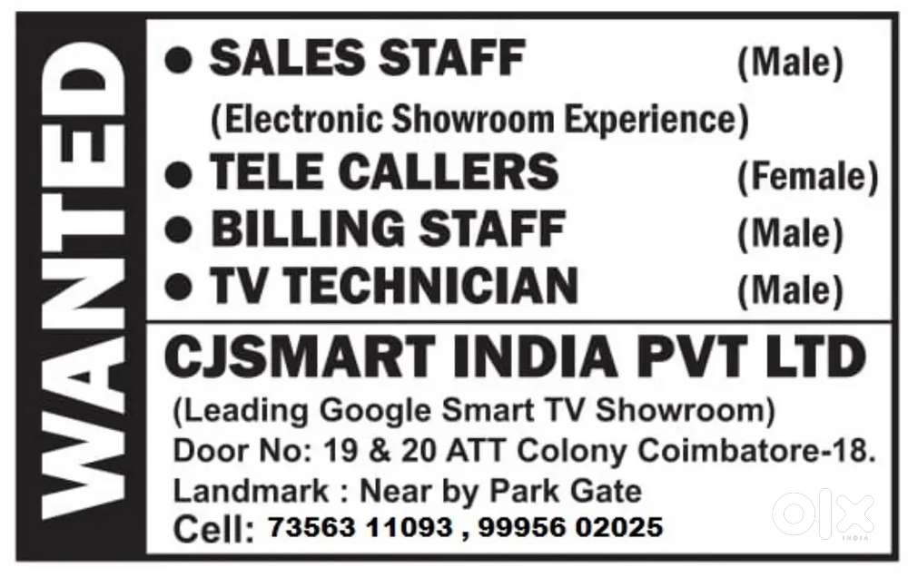 Billing staff, telecalling staff, technician's