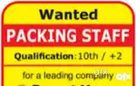 Wanted m/f packing staffs [ 8.30 am to 5] for paper factory