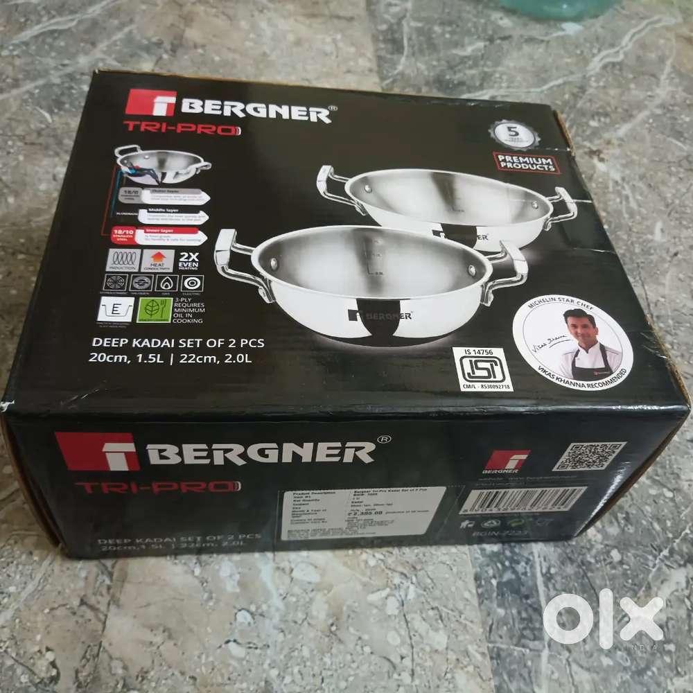 Bergner Tri-Pro Deep Kadai Set – Brand New  20cm + 22cm  3-Ply Steel