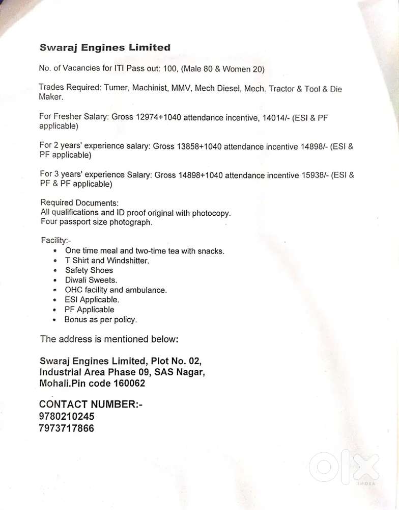 SWARAJ ENGINEE LTD,URGENT REQUIREMENT BOYS&GIRLS