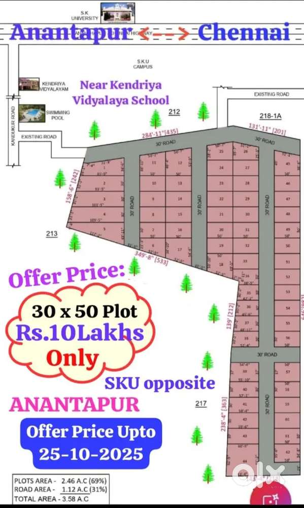 3.44cents (30x50) Villa Plots at SKU, K.V School backside, Anantapuram