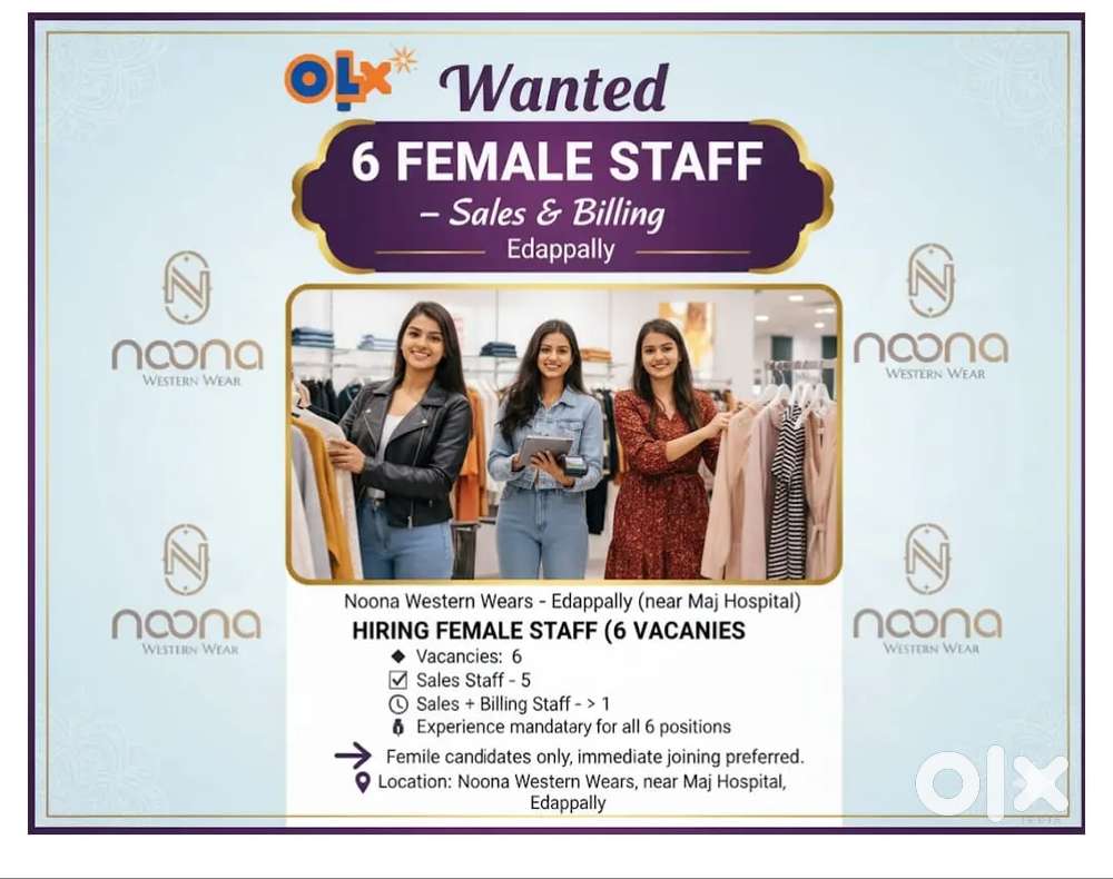 Wanted 6 Female Staff – Sales & Billing (Edapppally)