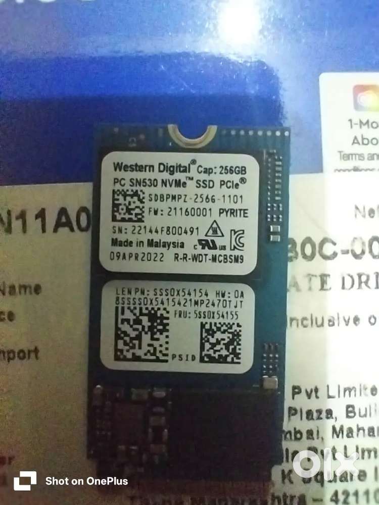 Western Digital 256GB NVMe SSD Model: PC SN530, PCIe Gen3 x4, M.2 2280