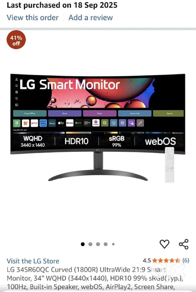 34 INCH LG ULTRAWIDE CURVED SMART MONITOR
