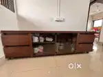 Modern Wooden TV Unit with Storage Drawers & Glass Display