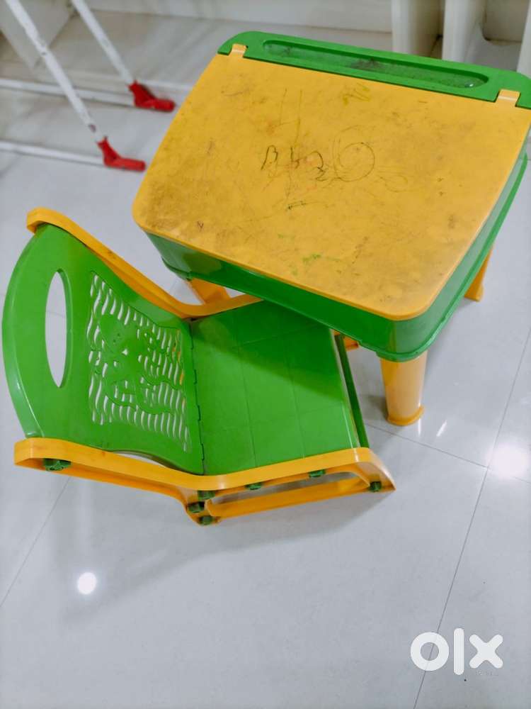 Kids Study Table & Chair Set – Green & Yellow (Sturdy Plastic)