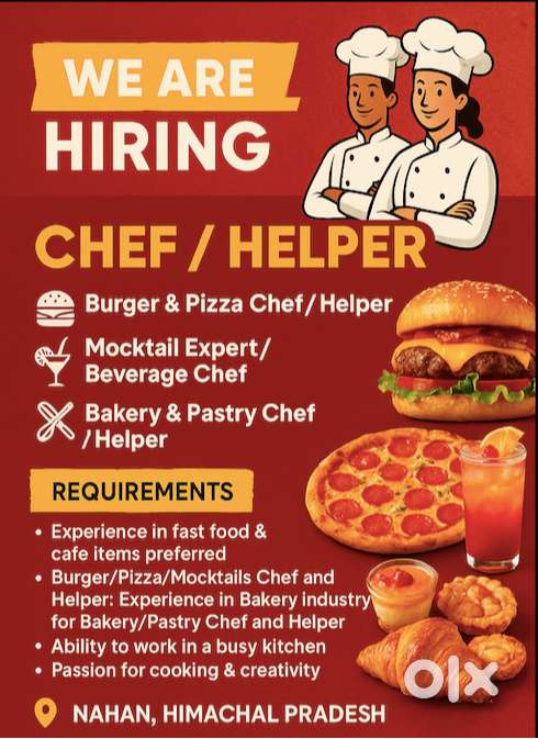 Required Cook/Chef/Helper for fastfood outlet & Bakery/pastry Chef