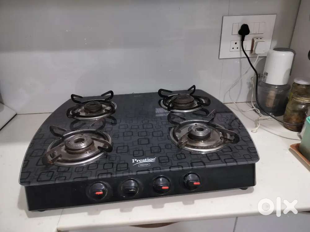 Gas stove 4 burner glass top prestige brand italian soft knob valves